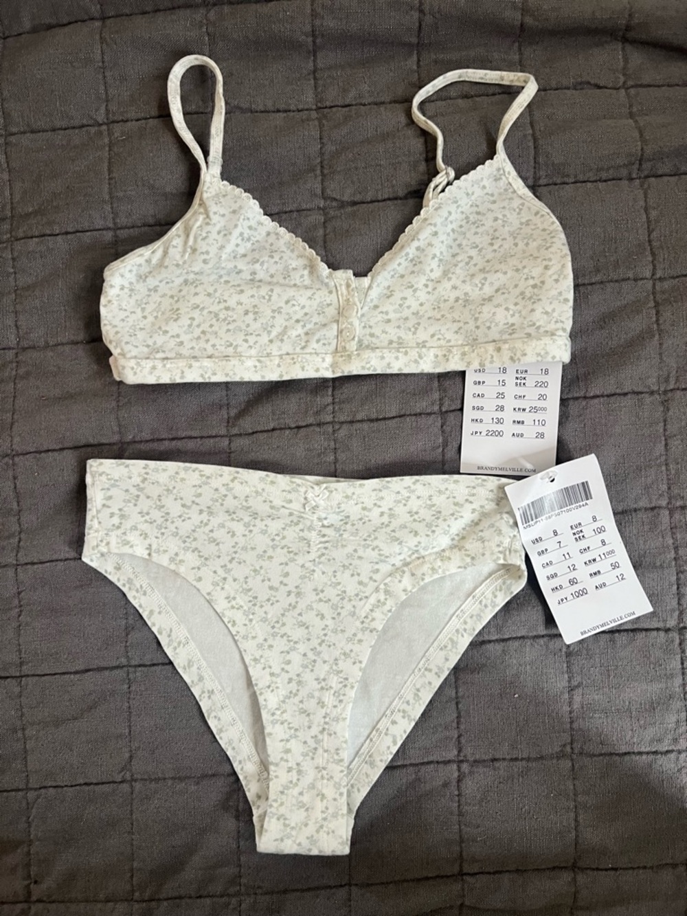 Brandy Melville Cream Floral Cotton Bralette & Bikini Set